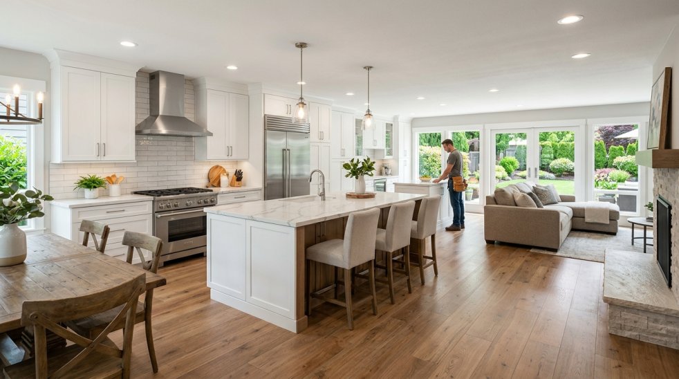 Handyman standing in a modern kitchen and living room, inspecting a countertop near the patio doors